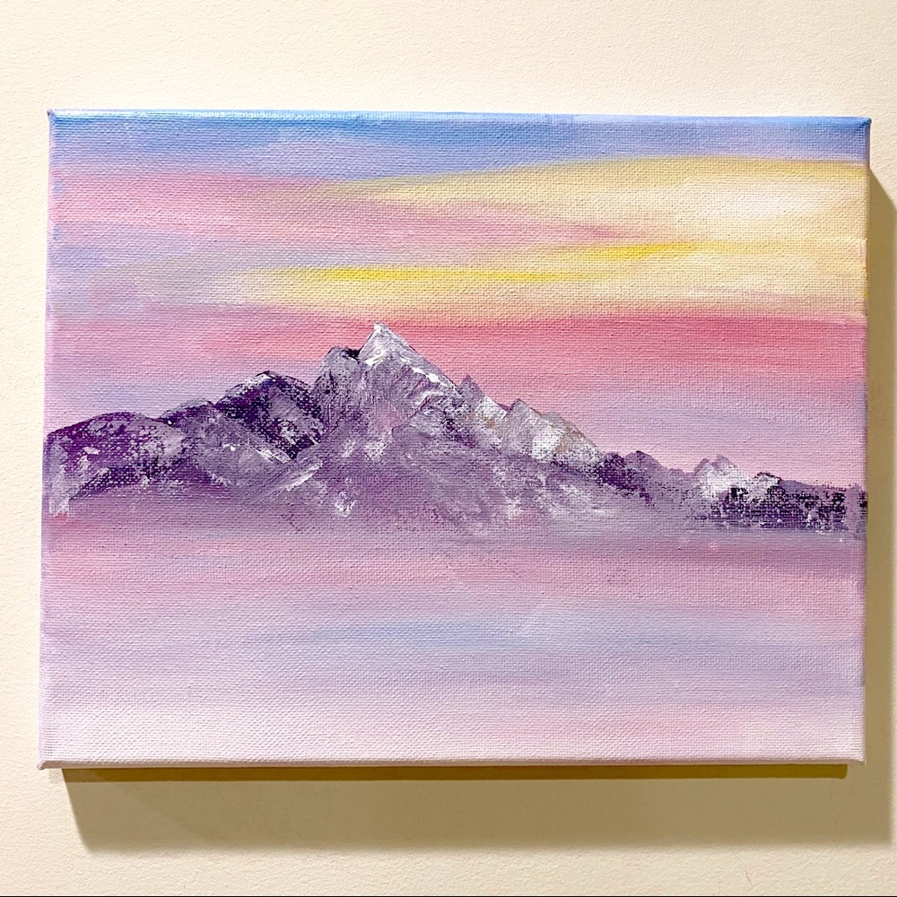 Original mountain landscape painting, pink sunset